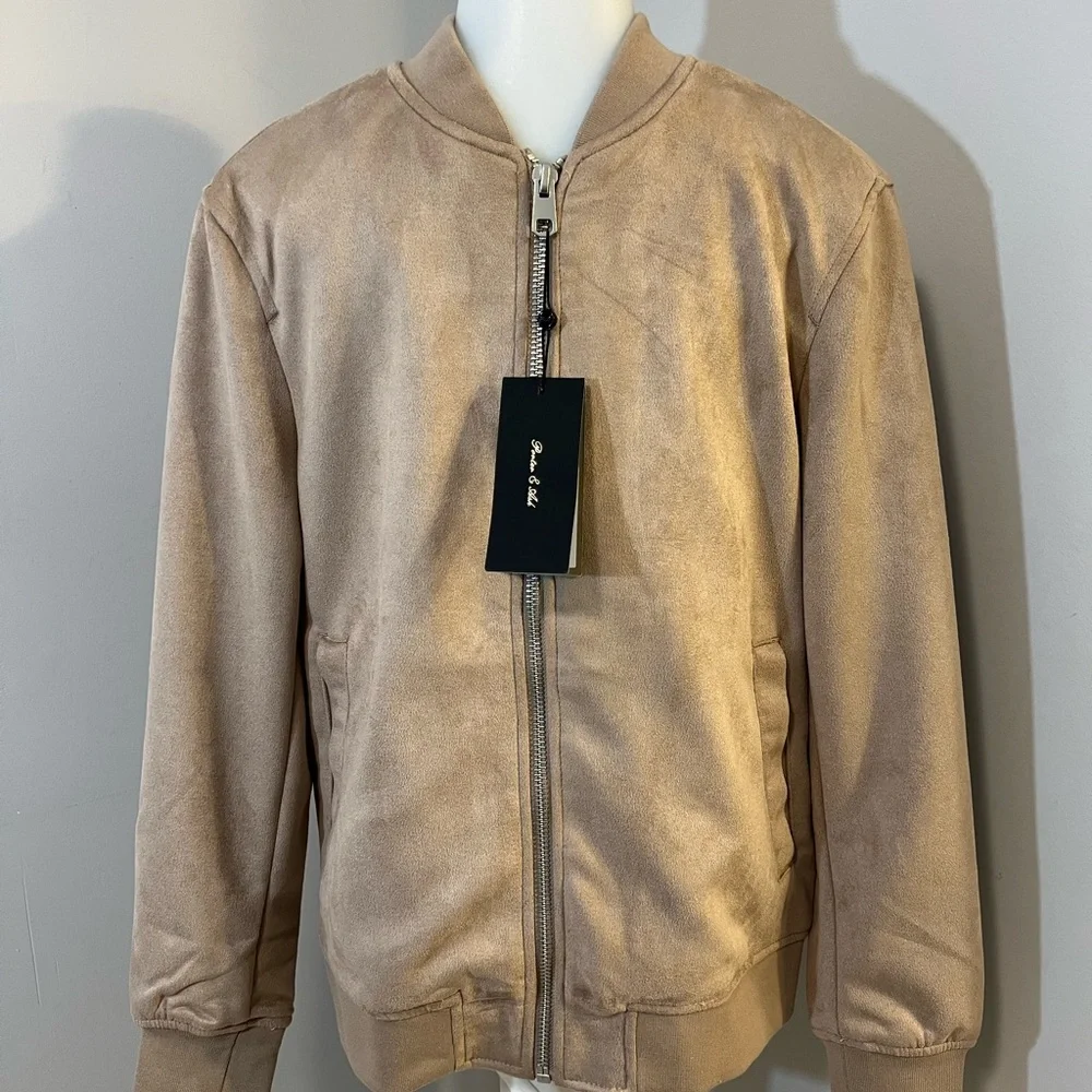 Tan Suede Bomber Jacket with Ribbed Details - Picture 2 of 13